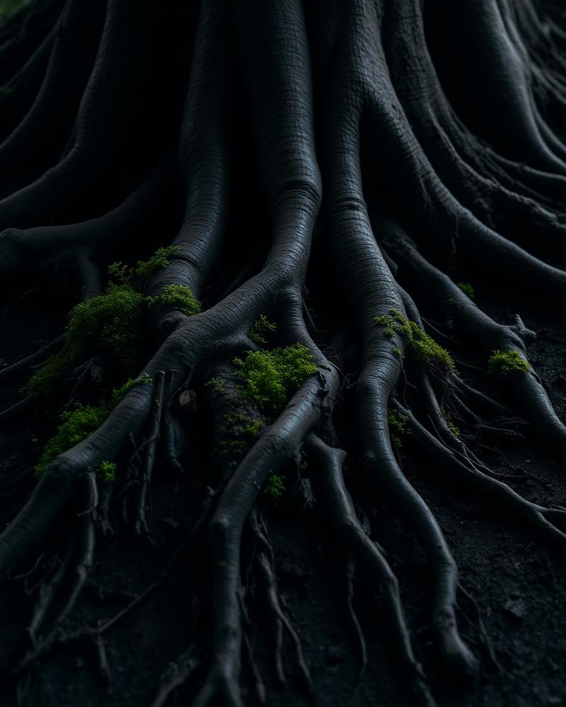 Raízes antigas de uma árvore mergulhando na terra escura